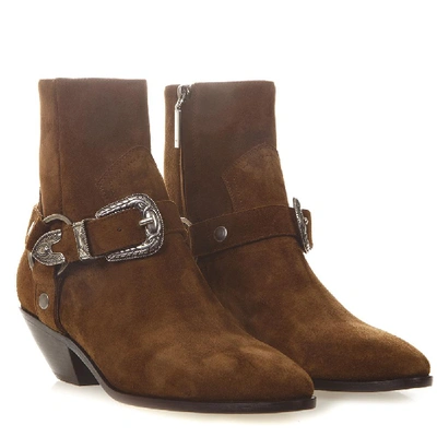 Shop Saint Laurent Buckled Ankle Boots In Brown