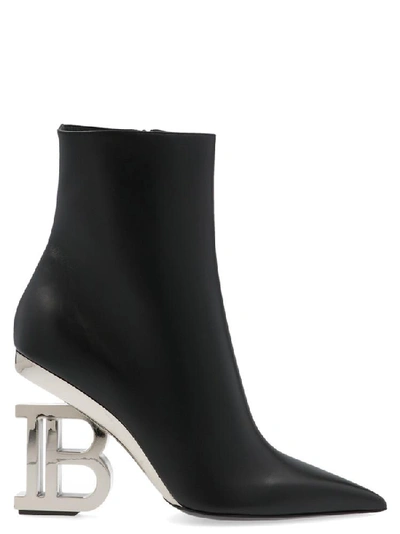 Shop Balmain Pointed Toe Logo Heel Ankle Boots In Black