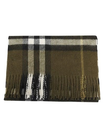 Shop Burberry Classic Checked Fringed Scarf In Olive