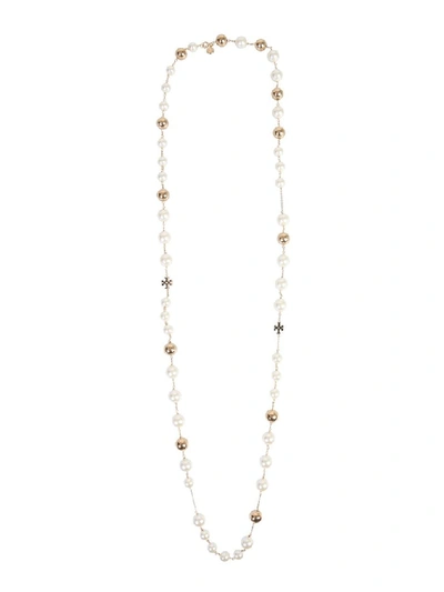 Tory Burch Logo Pearl Rosary Necklace In Gold | ModeSens