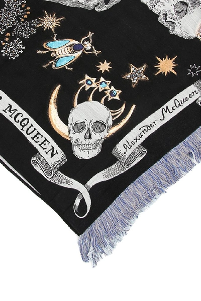 Shop Alexander Mcqueen Jewelled Embellished Skull Fringed Scarf In Black