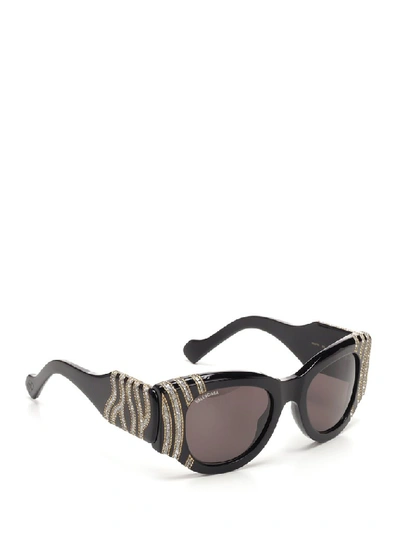 Shop Balenciaga Paris Cat Crystal Embellished Sunglasses In Black