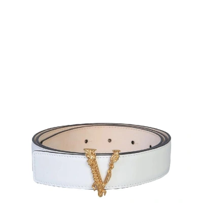 Shop Versace Virtus V Buckle Belt In White