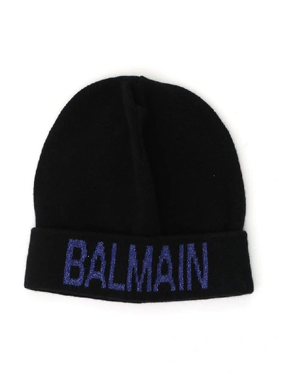 Shop Balmain Glittered Logo Print Beanie In Black