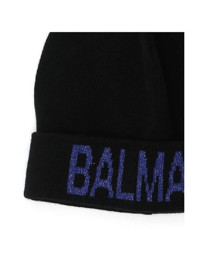 Shop Balmain Glittered Logo Print Beanie In Black