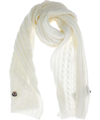 Shop Moncler Cable Knit Logo Patch Scarf In White