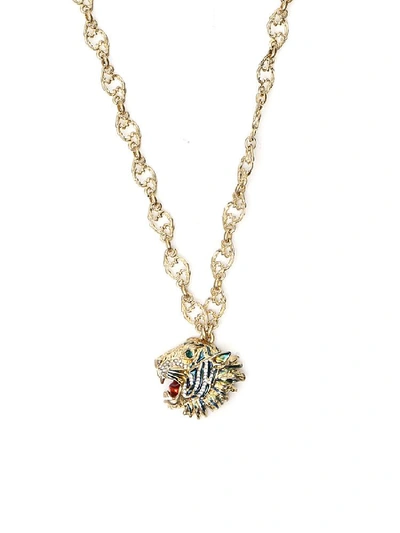 Shop Gucci Enameled Tiger Head Necklace In Gold