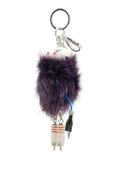 Shop Prada Fur Robot Keyring In Blue