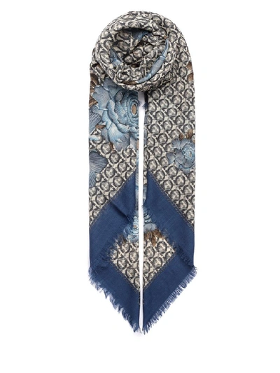 Shop Ferragamo Salvatore  Gancini Logo Floral Print Fringed Scarf In Blue