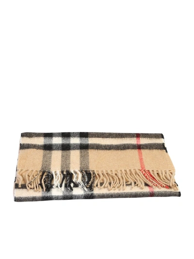 Shop Burberry Checked Print Fringed Scarf In Beige