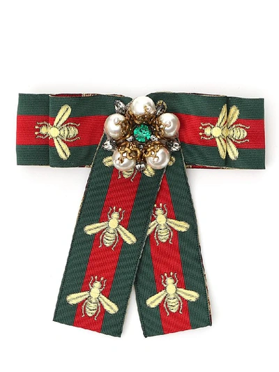 Shop Gucci Web Bow Embellished Brooch In Multi