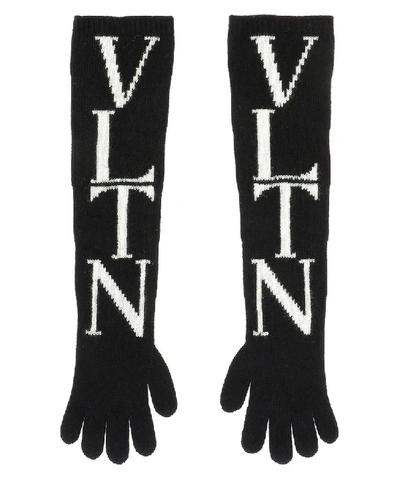 Shop Valentino Vltn Knit Gloves In Black