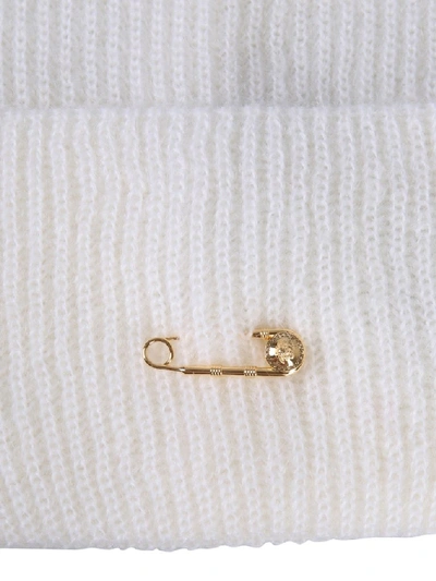 Shop Versace Safety Pin Detail Beanie In White
