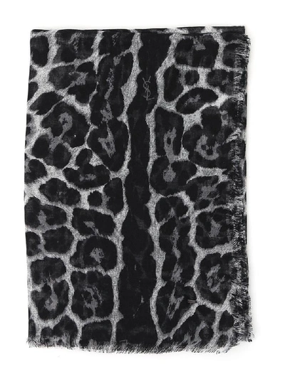 Shop Saint Laurent Leopard Print Scarf In Grey