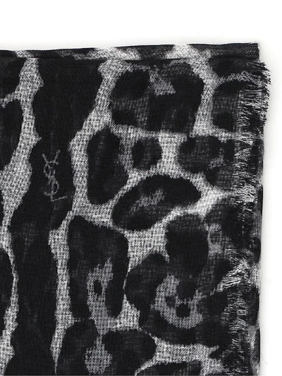 Shop Saint Laurent Leopard Print Scarf In Grey