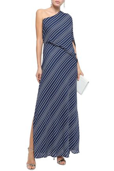 Shop Halston Heritage One-shoulder Draped Striped Crepe De Chine Gown In Navy