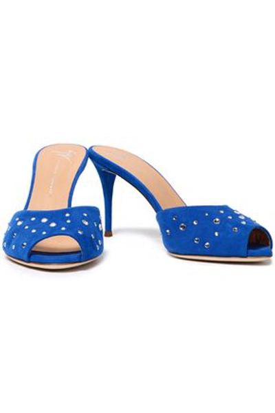 Shop Giuseppe Zanotti Woman Crystal-embellished Suede Mules Bright Blue