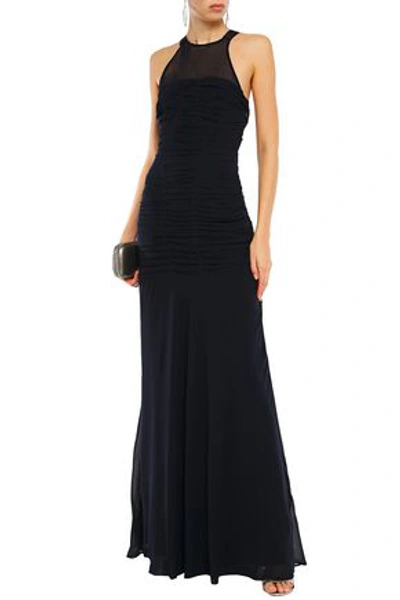 Shop Halston Heritage Georgette-paneled Cutout Ruched Crepe De Chine Gown In Midnight Blue