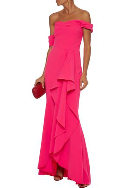Shop Marchesa Notte Off-the-shoulder Draped Cady Gown In Bright Pink