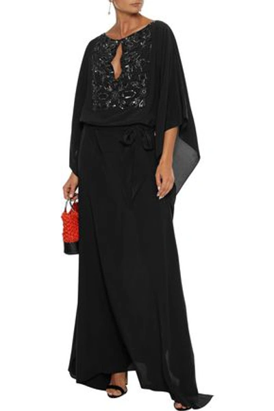 Shop Roberto Cavalli Belted Embellished Silk Crepe De Chine Gown In Black