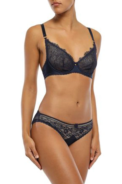 Shop Stella Mccartney Katie Kissing Stretch-lace Mid-rise Briefs In Navy