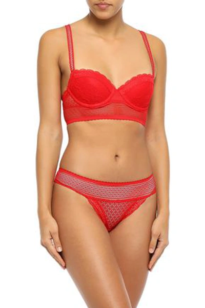Shop Stella Mccartney Katie Kissing Stretch-lace Mid-rise Thong In Tomato Red