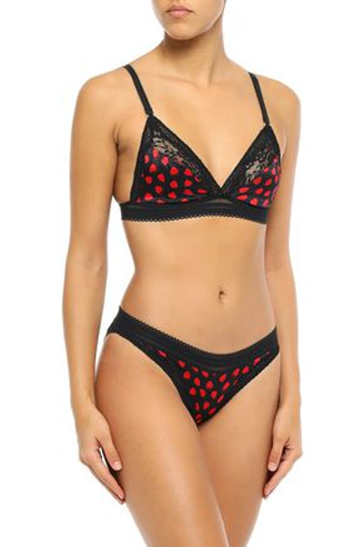 Shop Stella Mccartney Tara Tickling Lace-paneled Printed Satin Triangle Bra In Black