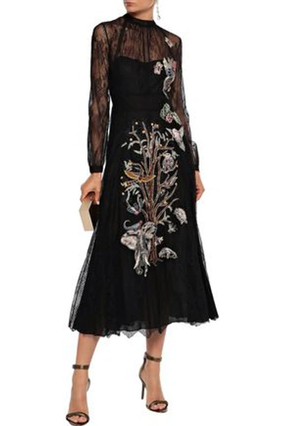 Shop Valentino Appliquéd Silk Lace Gown In Black