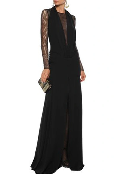 Shop Versace Layered Open Knit-paneled Silk Gown In Black