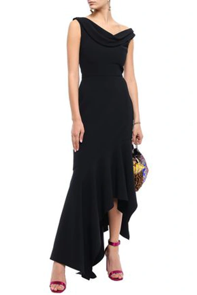 Shop Reem Acra Asymmetric Draped Crepe Maxi Dress In Black
