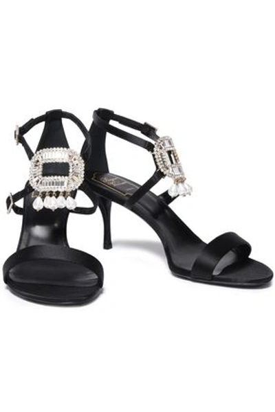 Shop Roger Vivier Crystal And Faux Pearl-embellished Satin Sandals In Black