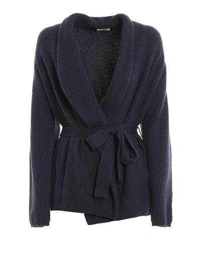 Shop Brunello Cucinelli Rib Knitted Cashmere Belted Cardigan In Blue