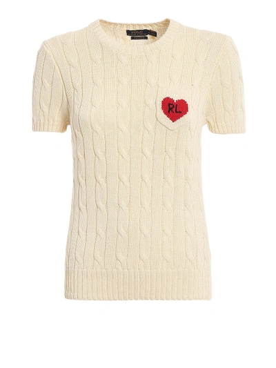 Shop Polo Ralph Lauren Heart Intarsia Short Sleeve Cotton Sweater In White
