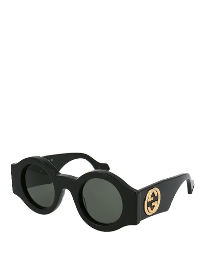 Shop Gucci Golden Gg Logo Round Acetate Sunglasses In Black