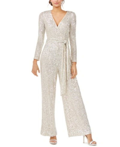 Shop Eliza J Silver Long-sleeve Jumpsuit In Champagne/silver