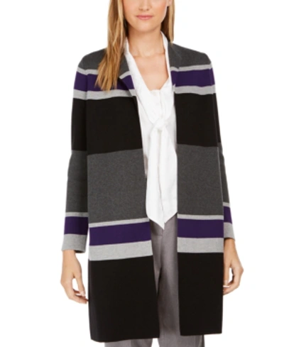 Shop Calvin Klein Striped Open-front Cardigan In Charcoal Multi