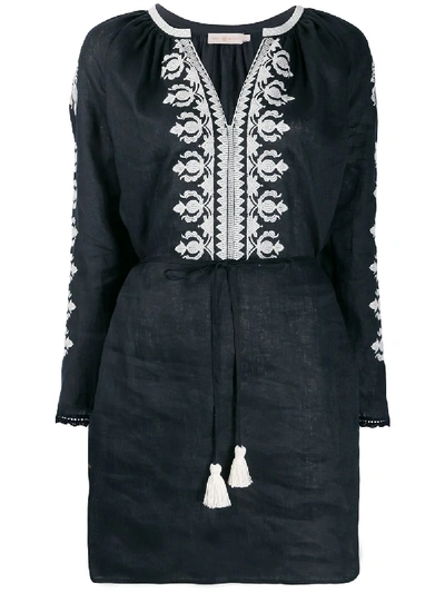 Shop Tory Burch Embroidered Flared Sleeve Dress In Black