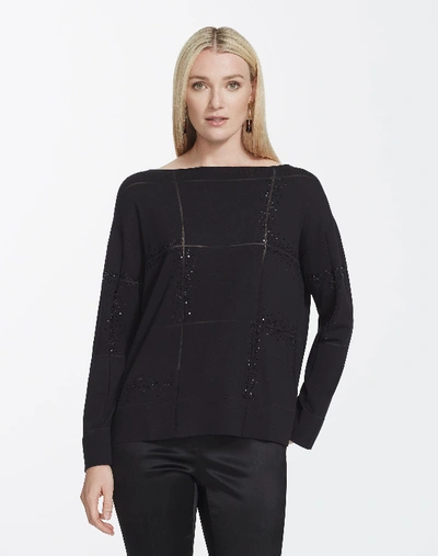 Shop Lafayette 148 Plus-size Matte Crepe Embellished Bateau Neck Sweater In Black