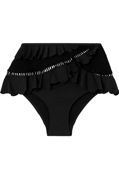 Shop Zimmermann Edie Mesh-paneled Ruffled Bikini Briefs In Black