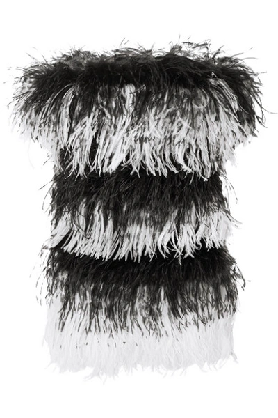 Shop Saint Laurent Strapless Feather-embellished Velvet And Sequined Mesh Mini Dress In Black