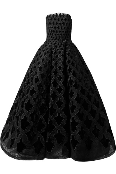 Shop Oscar De La Renta Strapless Embroidered Tulle And Velvet Gown In Black