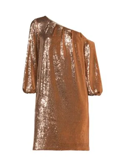 Shop Aidan Mattox Asymmetric Off-the-shoulder Puff-sleeve Sequin Shift Dress In Gold