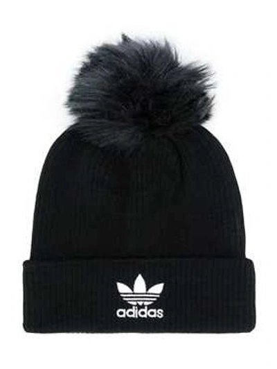 Shop Adidas Originals Faux Fur Pom Pom Beanie In Black