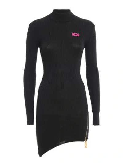 Shop Gcds Neon Rubber Logo Asymmetric Dress In Black