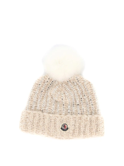 Shop Moncler Fur Pompom Crystal Detailed Beanie In Neutrals