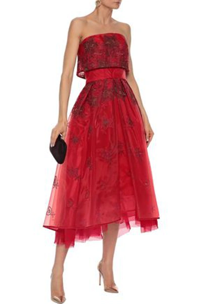 Shop Zac Posen Woman Strapless Layered Embroidered Organza Gown Red
