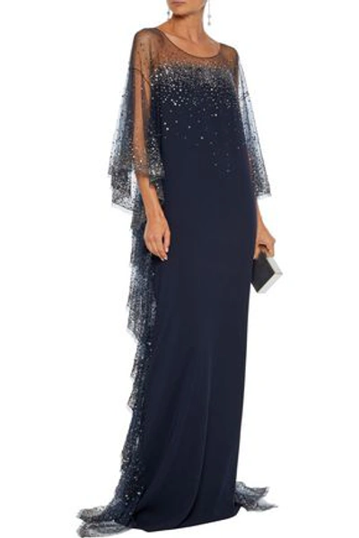 Shop Marchesa Ruffled Sequin-embellished Tulle-paneled Crepe Gown In Midnight Blue