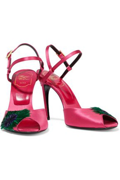Shop Roger Vivier Woman Faux Feather-trimmed Satin Slingback Sandals Pink