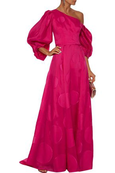 Shop Carolina Herrera Off-the-shoulder Polka-dot Fil Coupé Silk-blend Gown In Magenta