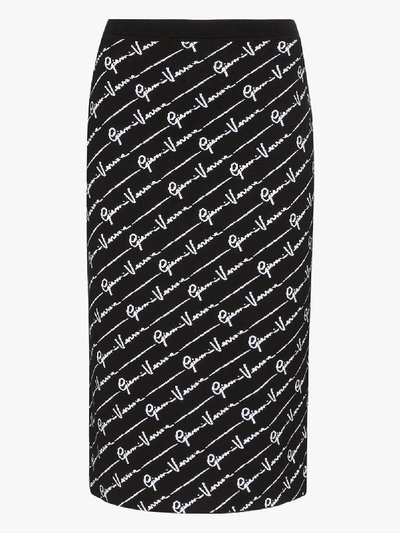 Shop Versace Gv Signature Print Pencil Skirt In Black